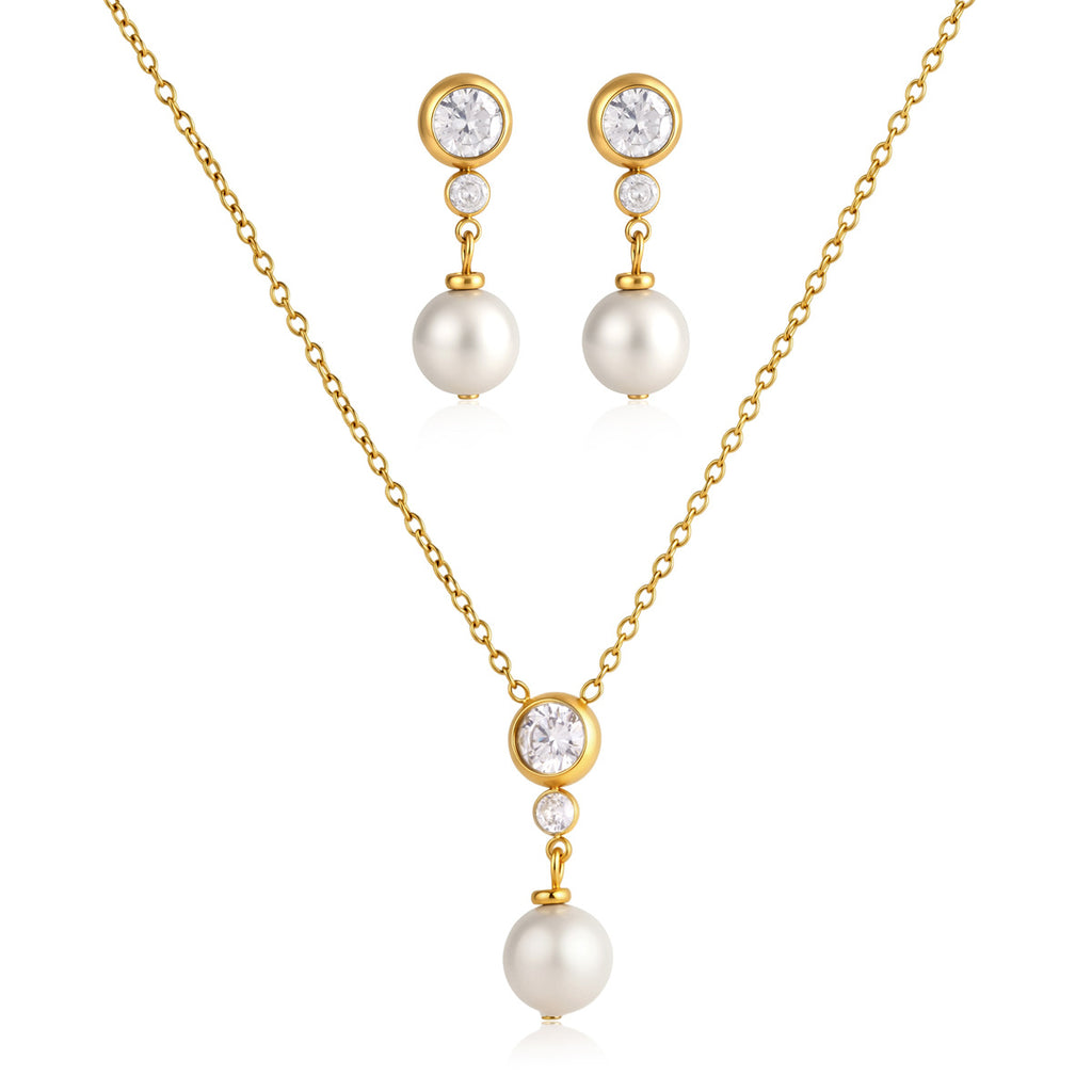 Damen Elegante Halskette mit Zirkonia und Perlenanhänger Shop Nory