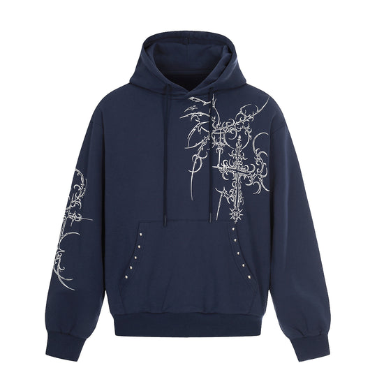 Herren Oversize Kapuzenpullover mit ornamentalem Kreuz‑Print und Nieten Shop Nory