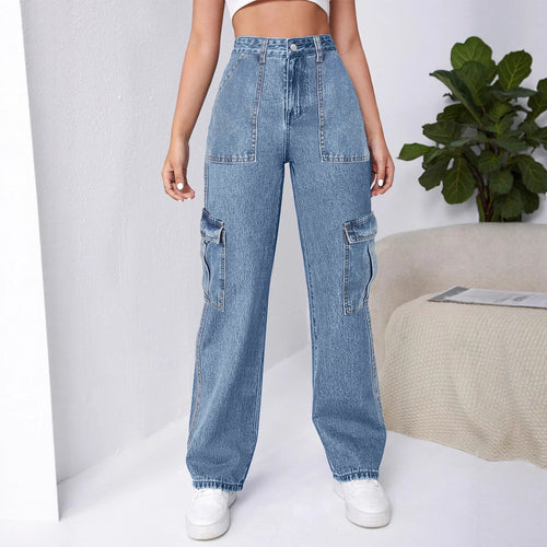 Damen Hochtaillierte Cargo-Weite-Jeans mit aufgesetzten Taschen und elastischem Saum Shop Nory