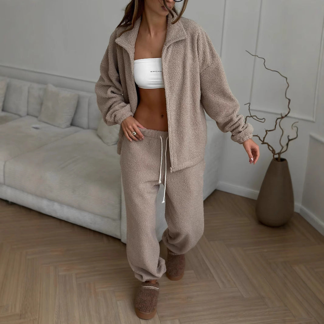 Damen oversized Teddy-Fleece Hausanzug mit Reißverschlussjacke und Jogginghose Shop Nory