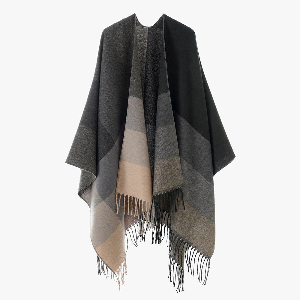 Damen Farbblock-Poncho aus Wollmix mit Fransensaum und asymmetrischem Schnitt Shop Nory