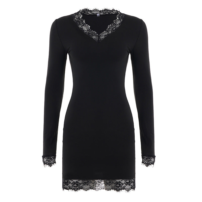 Damen nan figurbetontes Langarm-Midikleid mit tiefem V-Ausschnitt und floraler Spitzenkante Shop Nory
