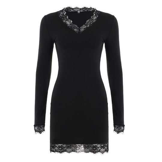 Damen nan figurbetontes Langarm-Midikleid mit tiefem V-Ausschnitt und floraler Spitzenkante Shop Nory