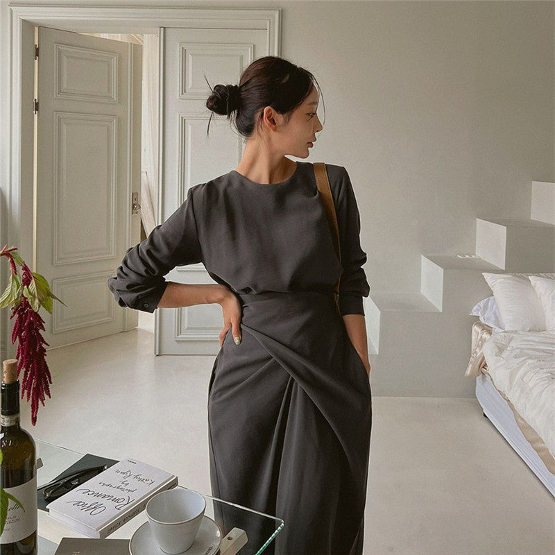 Damen Modernes Longkleid mit überlappender Taillenpasse, verdeckten Eingrifftaschen und kastiger Silhouette Shop Nory
