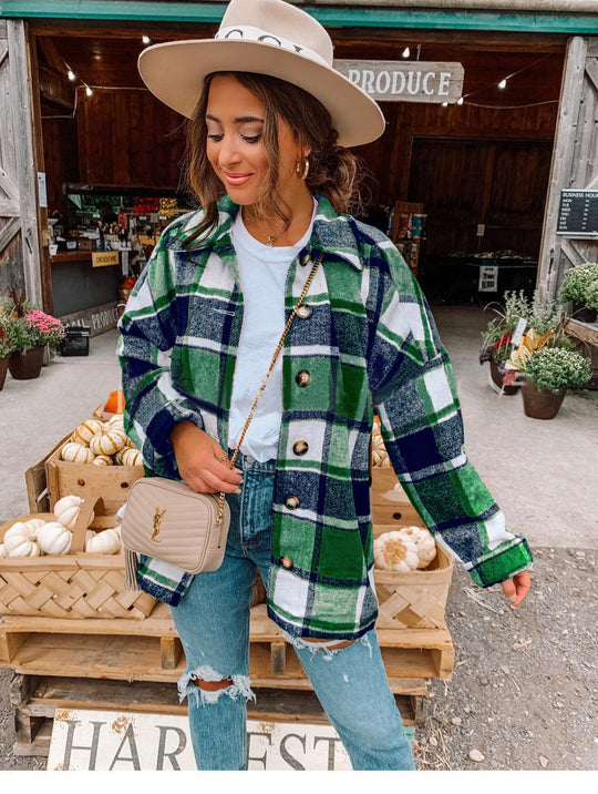 Damen Oversized Kariertes Flanell‑Shacket mit Brusttaschen und Holzknöpfen Shop Nory