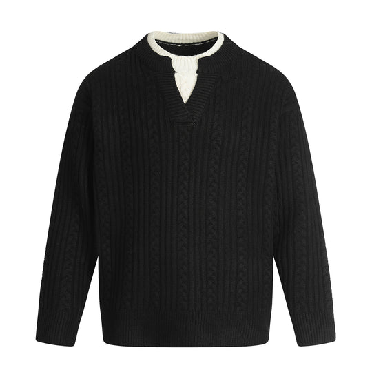 Herren Zopfmuster-Pullover mit V-Einsatz und doppeltem Rollkragen Shop Nory