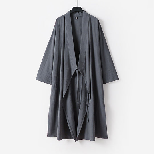 Unisex Langer Kimono-Mantel aus leichtem Baumwollmix mit drapierter Front und Bindeschlaufe Shop Nory