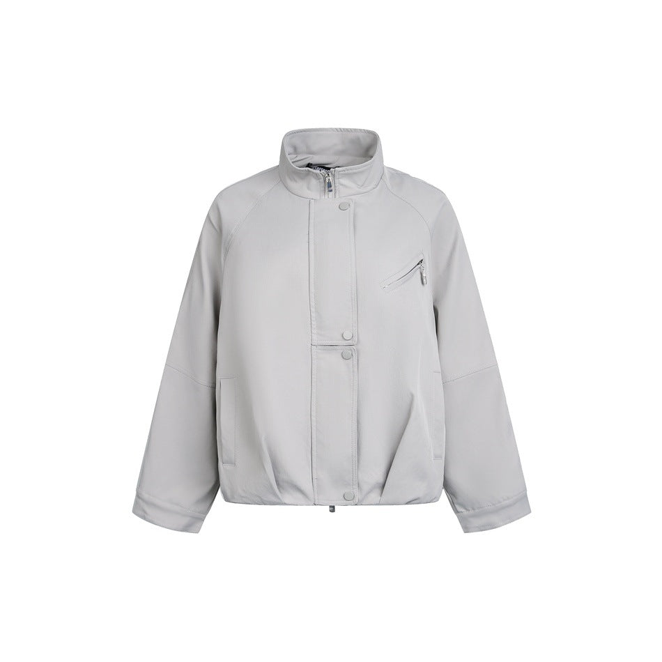 Unisex Kurz geschnittene minimalistische Boxy‑Jacke mit hohem Funnelkragen und verdeckter Frontblende Shop Nory