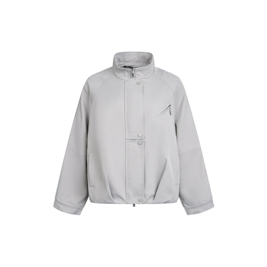 Unisex Kurz geschnittene minimalistische Boxy‑Jacke mit hohem Funnelkragen und verdeckter Frontblende Shop Nory