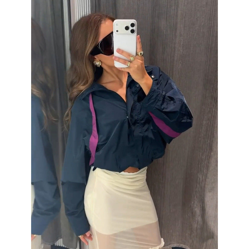Damen Leichte Oversize Windjacke mit hohem Stehkragen und Kontraststreifen Shop Nory