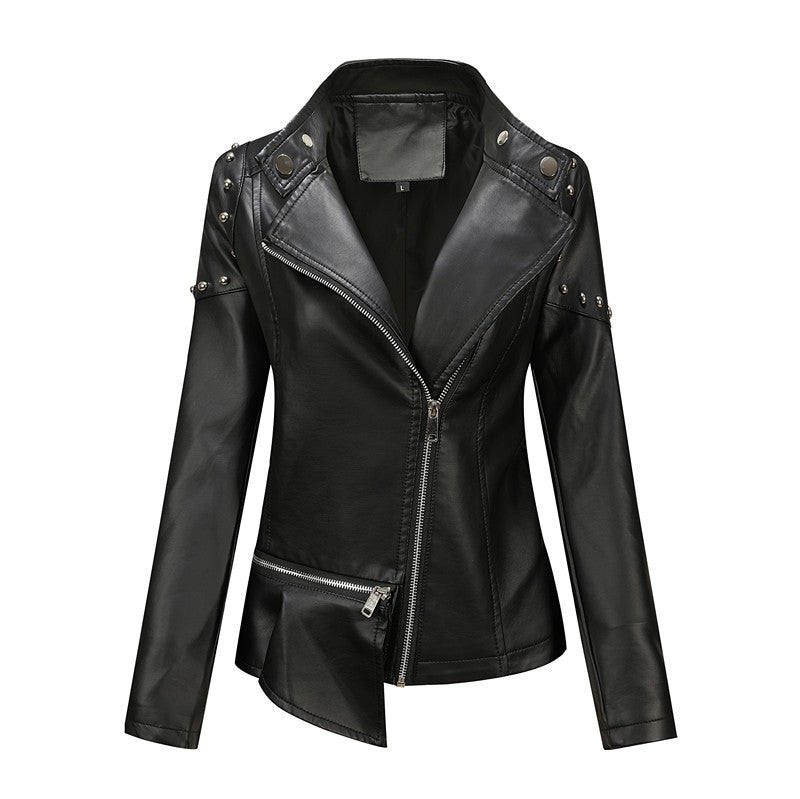 Damen Asymmetrische Kunstleder-Bikerjacke mit Nieten & schrägem Reißverschluss Shop Nory