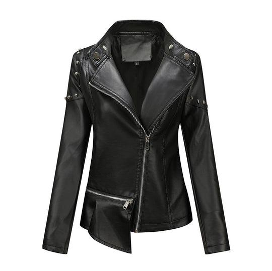 Damen Asymmetrische Kunstleder-Bikerjacke mit Nieten & schrägem Reißverschluss Shop Nory