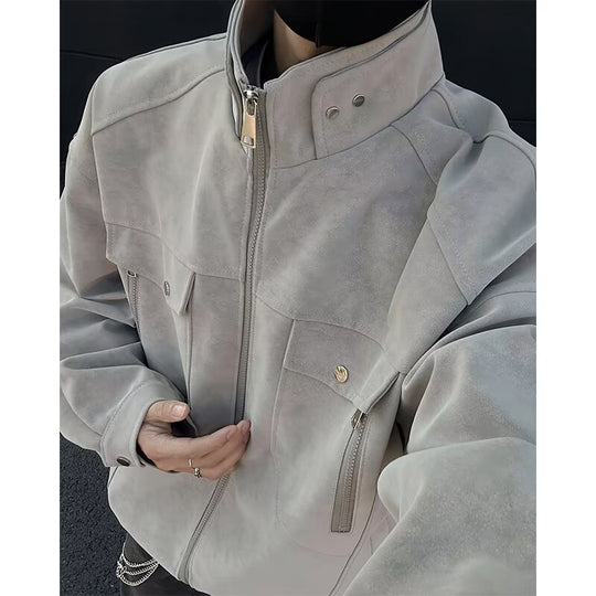 Herren Oversized Wildleder-Optik Utility-Jacke mit hohem Stehkragen Shop Nory