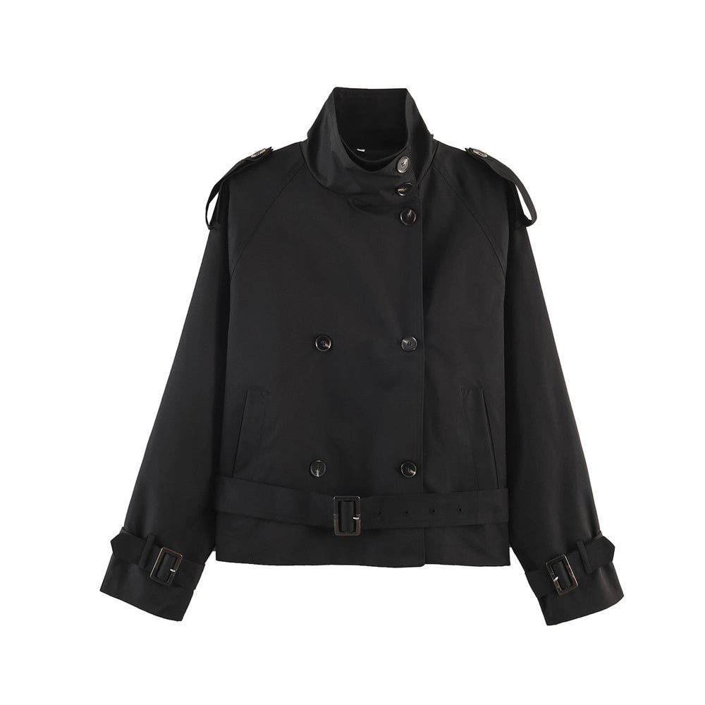 Damen gekürzte Trenchjacke mit Stehkragen doppelter Knopfreihe und Taillengürtel Shop Nory
