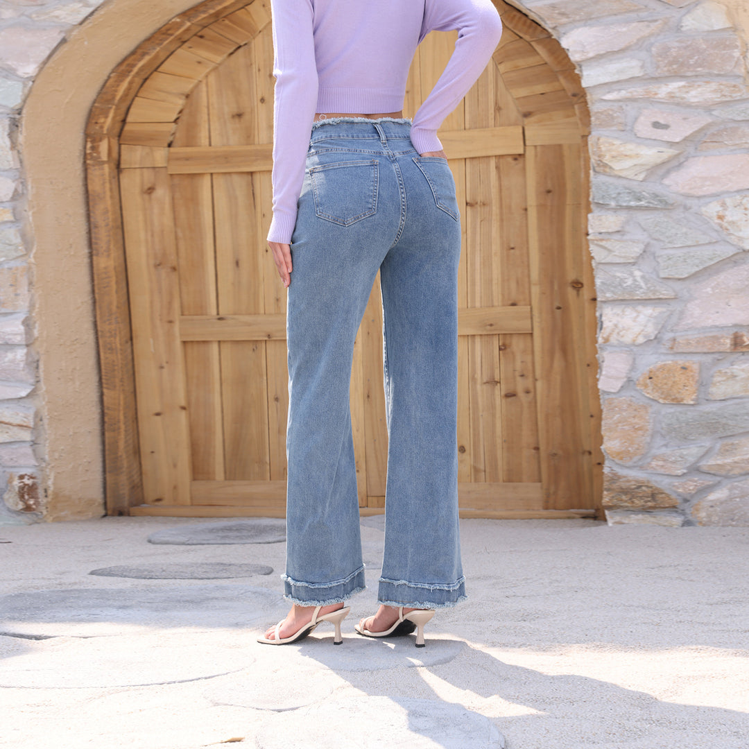 Damen Hochtaillierte Denim-Hose mit ausgefranstem Bund und weitem Bein Shop Nory