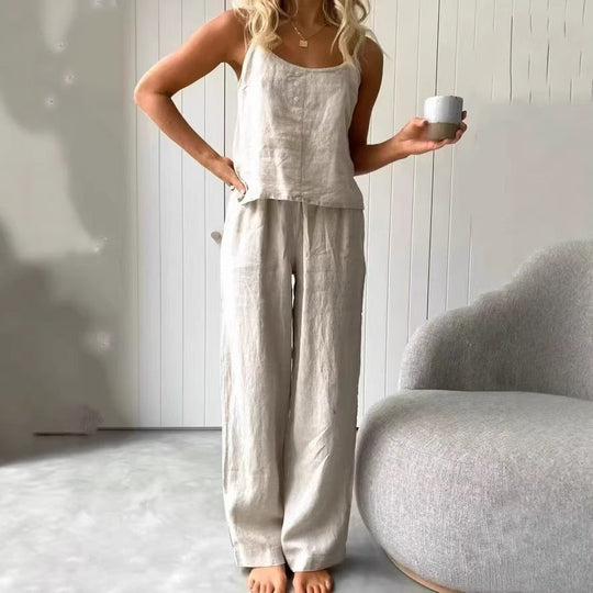 Damen lässiges Leinen-Set mit Trägershirt und weiten Hosen Shopnory