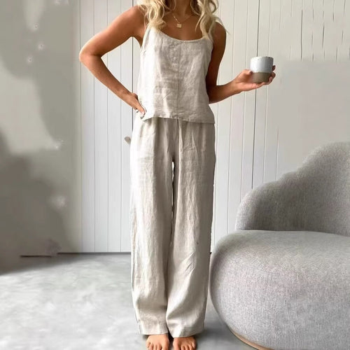 Damen lässiges Leinen-Set mit Trägershirt und weiten Hosen Shopnory