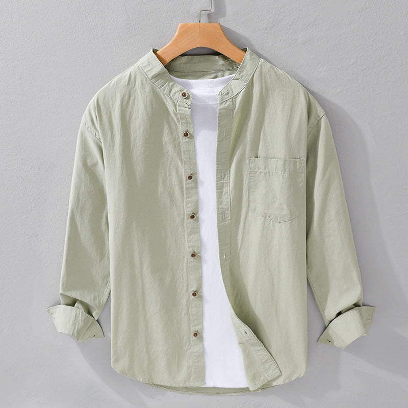Herren Hemdjacke im Mandarinstil aus Baumwoll-Twill, Relaxed-Fit, mit aufgesetzter Brusttasche und Holzknöpfen Shop Nory