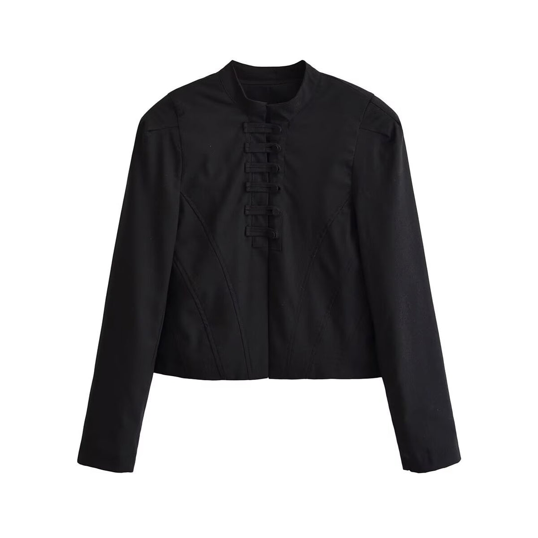 Damen kurz taillierte Jacke mit Stehkragen und dekorativer Schlaufenleiste Shop Nory