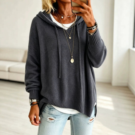 Damen Oversize-Kapuzensweater aus feinem Strick mit gerippten Bündchen Shop Nory