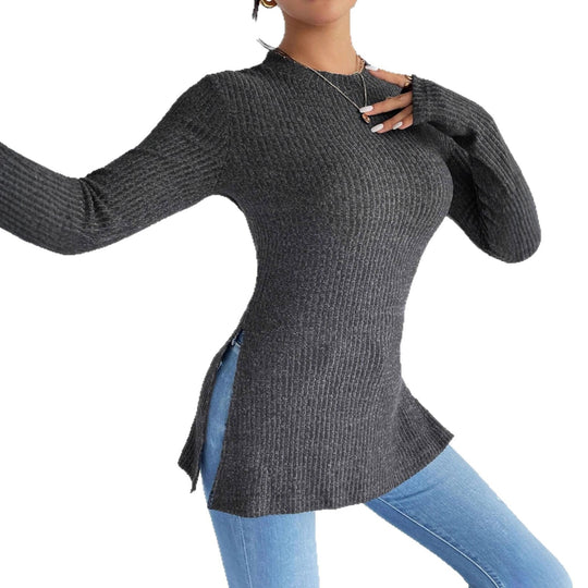 Damen Rippstrick-Langarmshirt mit Seitenschlitz und figurbetontem Schnitt Shop Nory
