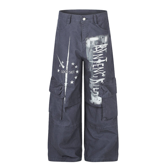 Damen weite Cargo‑Culotte‑Hose mit Graffiti‑Print und großen Klappentaschen Shop Nory