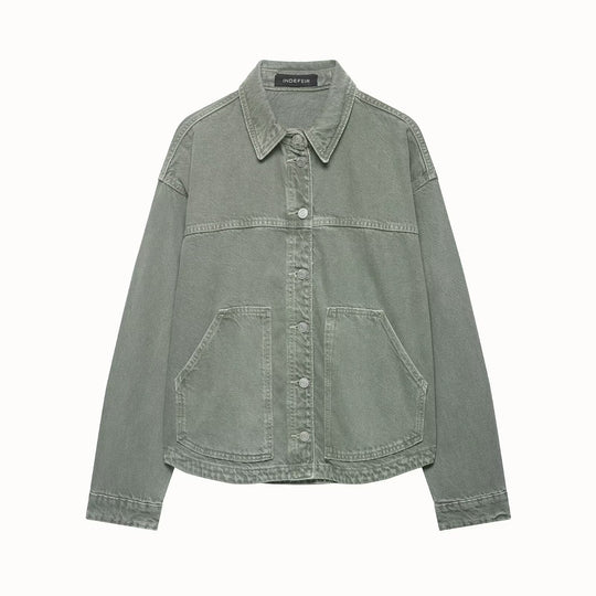 Damen Boxy Cropped Denim-Workerjacke mit großen aufgesetzten Fronttaschen Shop Nory