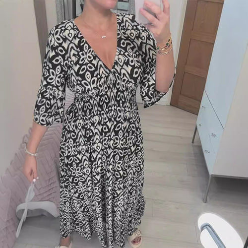 Damen Boho‑Maxikleid mit Smoktaillenband, Wickeloptik‑Dekolleté und Volantärmeln Shop Nory