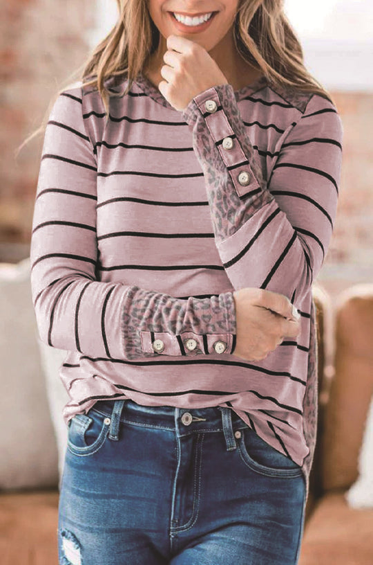 Damen Lässiges Streifen‑Langarmshirt mit Knopfmanschetten und Leo‑Kontrast Shop Nory