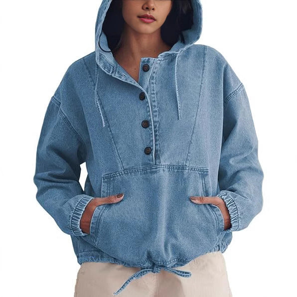 Damen Jeans-Halbanorak mit Kapuze, Kängurutasche und Tunnelzug Shop Nory