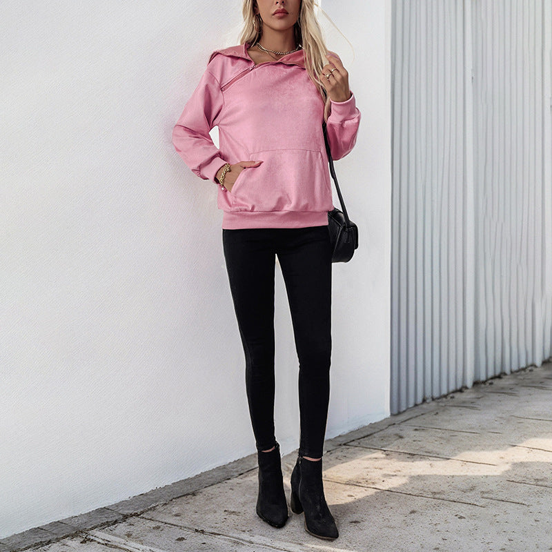 Damen Samt-Hoodie mit Reißverschluss am Kragen und Kängurutasche Shop Nory