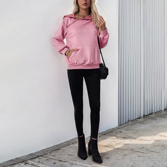 Damen Samt-Hoodie mit Reißverschluss am Kragen und Kängurutasche Shop Nory