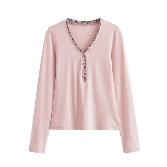 Damen Langarmshirt mit V-Ausschnitt, Knopfleiste und Karobesatz Shop Nory