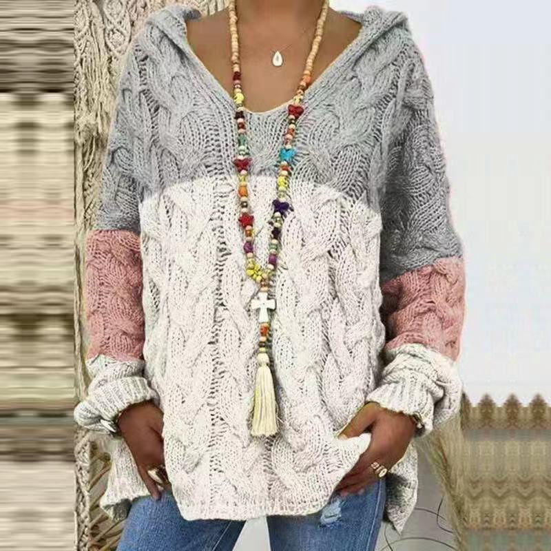 Damen nan oversized Kapuzenpullover mit Zopfmuster, tiefem V-Ausschnitt und seitlichen Schlitzen Shop Nory