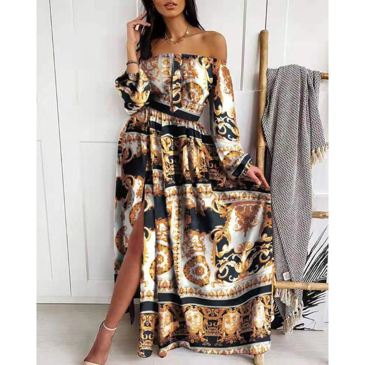Damen Maxikleid mit offenem Schulterdesign und aufwendigem Barockmuster Shopnory
