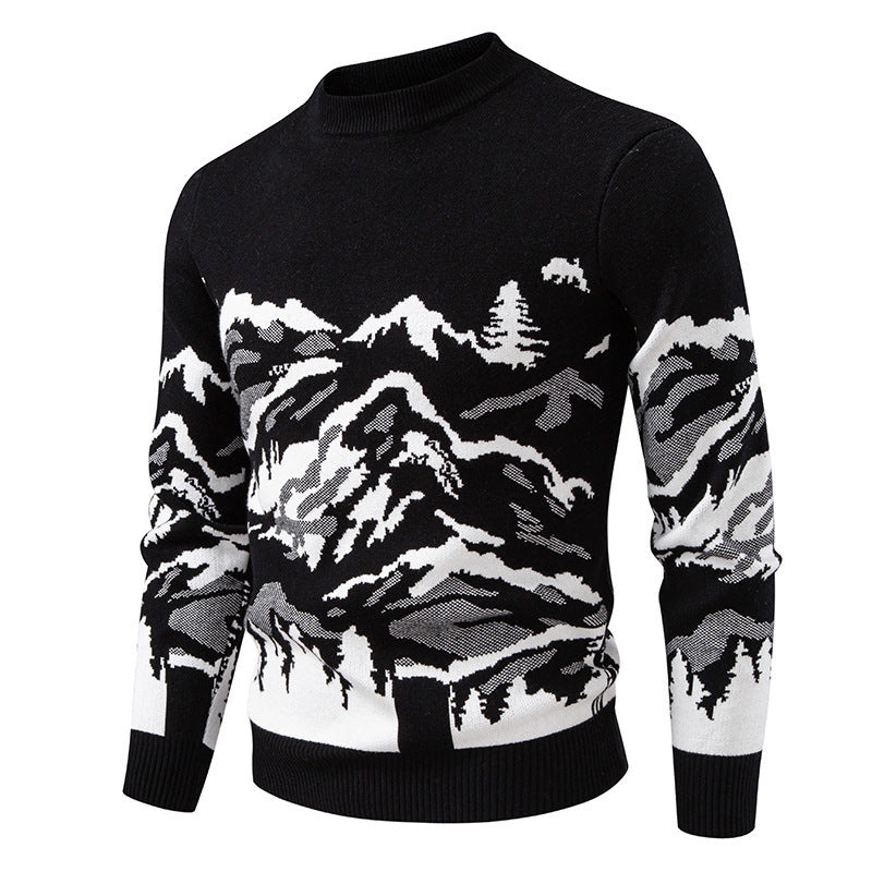 Herren Strickpullover mit Bergmotiv und hohem Kragen