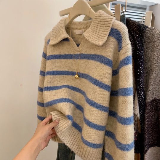 Damen nan kuscheliger Oversize-Strickpullover mit Polokragen und breiten Streifen Shop Nory