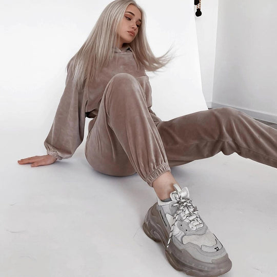 Damen Samt-Cropped-Loungewear-Set mit Kapuzenpullover und elastischer High-Waist-Jogginghose Shop Nory
