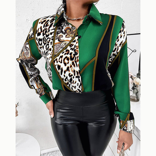 Damen Schicke Druckbluse mit modischem Kragen und figurbetonendem Schnitt Shopnory