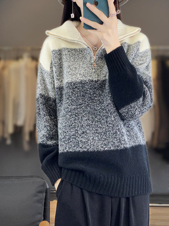 Damen Oversize-Strickpullover mit halbem Zip, meliertem Blockstreifen und weichem Flor Shop Nory