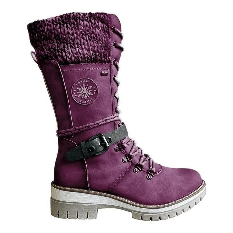 Damen nan knöchel- bis wadenhohe Schnürstiefel mit gestrickter Manschette, wasserdichter Membran, dekorativer Schnallenlasche und robuster Profilsohle Shop Nory