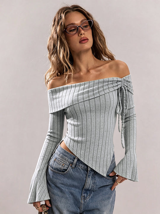 Damen schulterfreies geripptes Strick-Top mit asymmetrischem Zipfelsaum und Schnürdetail Shop Nory