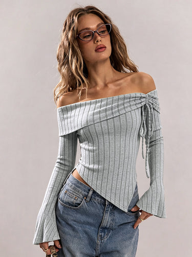 Damen schulterfreies geripptes Strick-Top mit asymmetrischem Zipfelsaum und Schnürdetail Shop Nory
