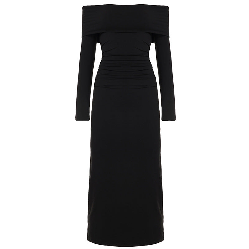 Damen nan figurbetontes Off-Shoulder-Maxikleid mit langen Ärmeln und Kontrastpaspeln Shop Nory