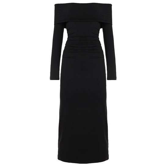 Damen nan figurbetontes Off-Shoulder-Maxikleid mit langen Ärmeln und Kontrastpaspeln Shop Nory