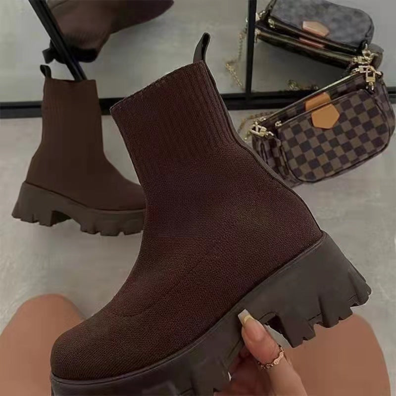 Damen Strick-Sock-Boots mit elastischem Schaft und kontrastierender Profilplateau-Sohle Shop Nory