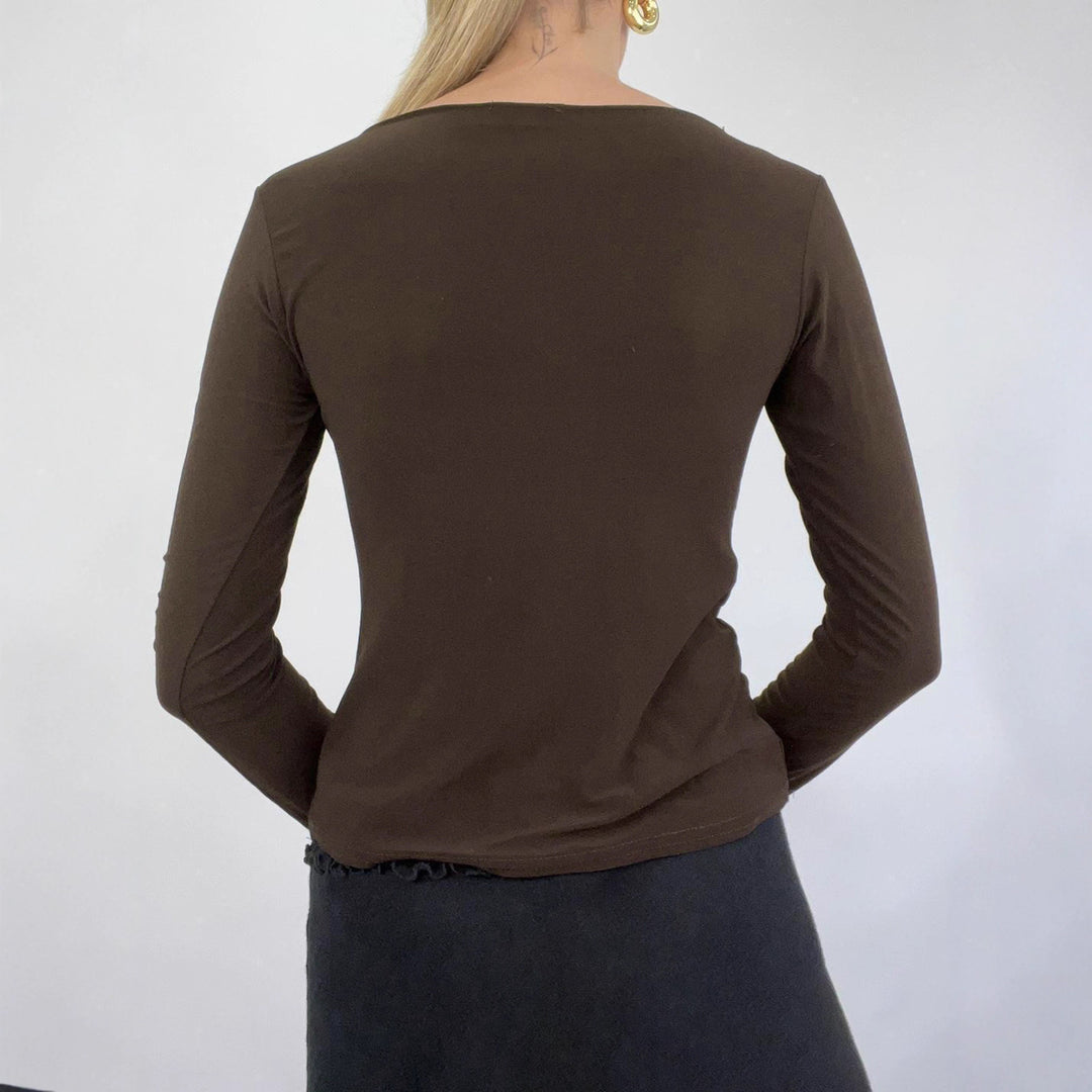 Damen nan figurbetontes Langarmshirt mit Drapé-Vorderteil und gehäkelter Mittelapplikation Shop Nory