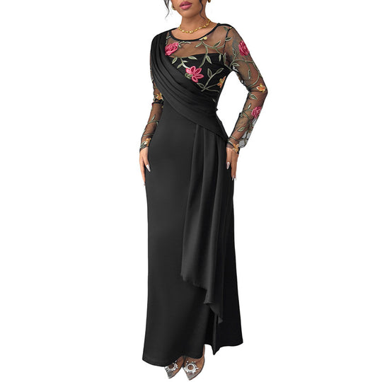 Damen Abendkleid mit besticktem Mesh-Ärmel, asymmetrischem Drape und Taillensash Shop Nory
