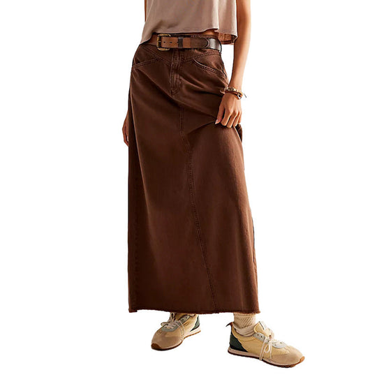 Damen Langer Denim-Rock mit hoher Taille und Taschen