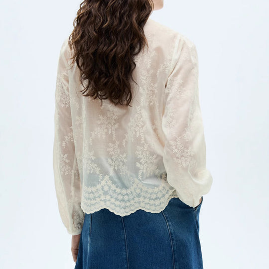 Damen Transparente Stickerei‑Bluse mit Stehkragen, Volumenärmeln und gewelltem Saum Shop Nory